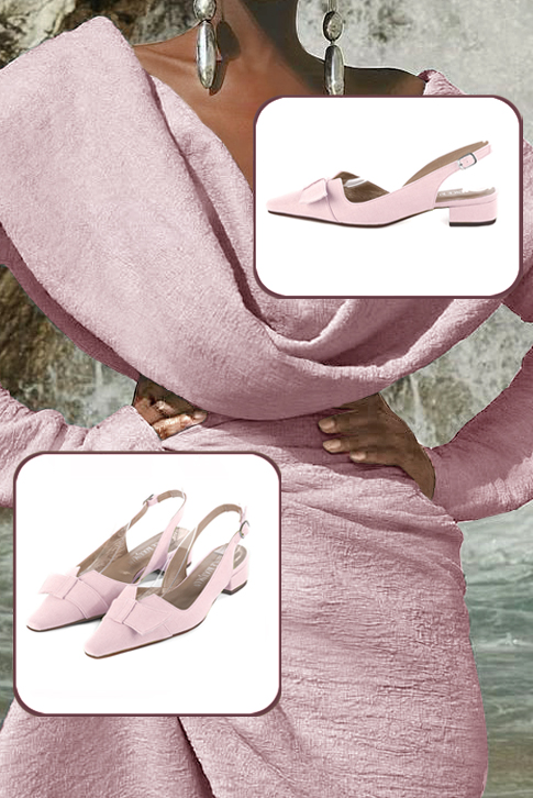 Women's light pink elegant slingback heels, with a bow on the front. Tapered toe. Low block heels - Top view